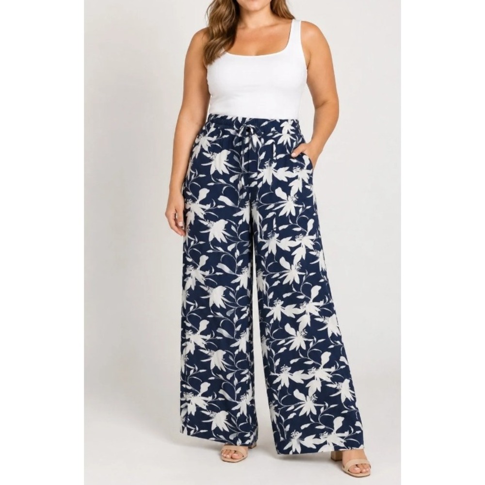 NEW Serra Black & White Floral Viscose Wide L Pants Large Loungewear Resortwear